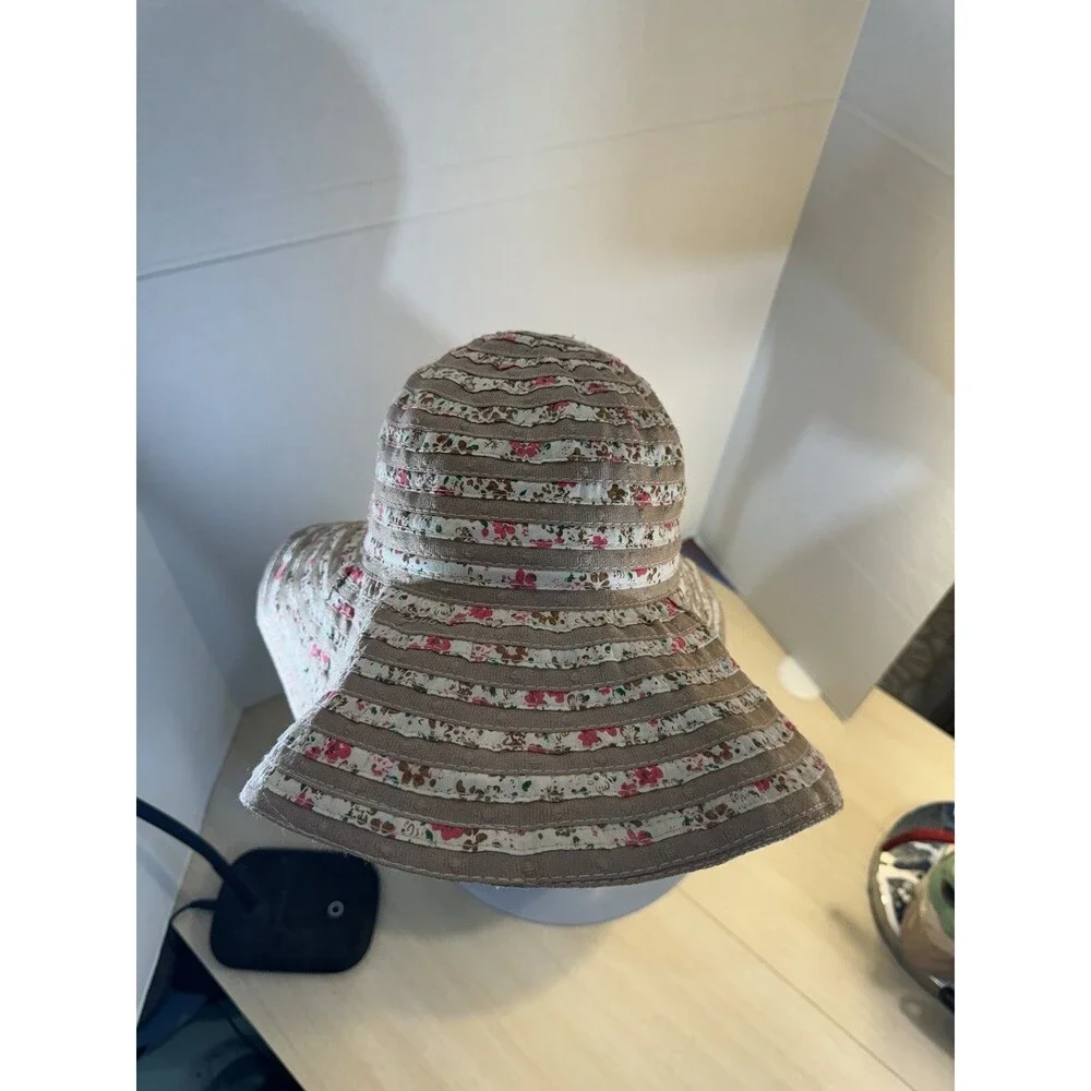 Floral Striped Ribbon Wide-brimmed Sun Hat with Bow One Size Coastal Granny
